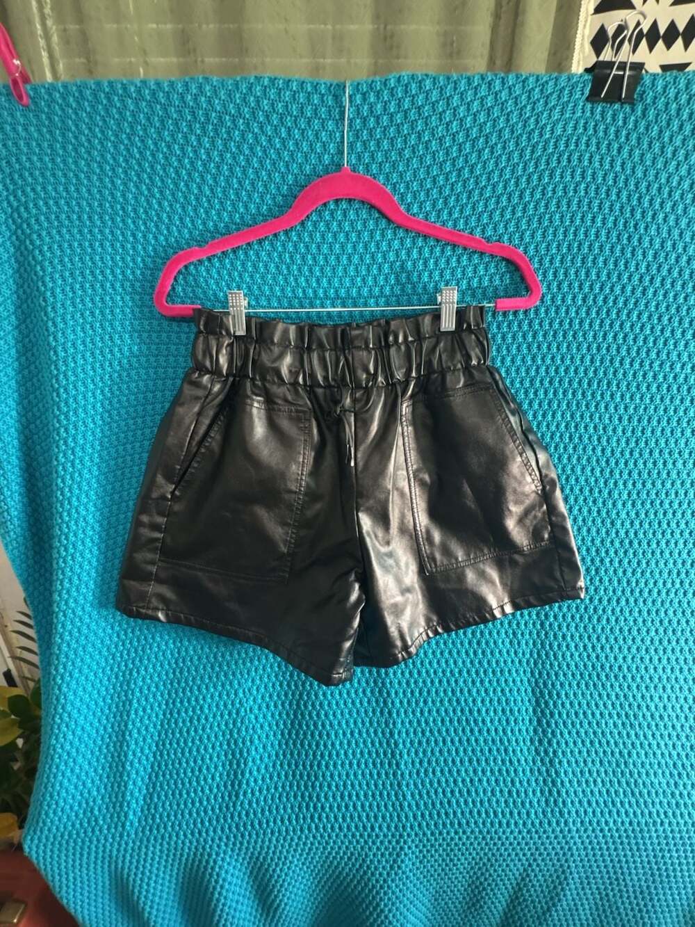 Black Faux Leather Elastic Paper Bag Waist Shorts with Pockets
